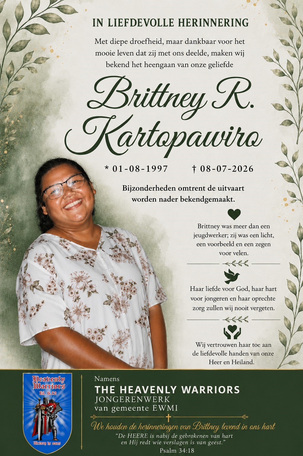 Overlijdensbericht — Brittney Kartopawiro